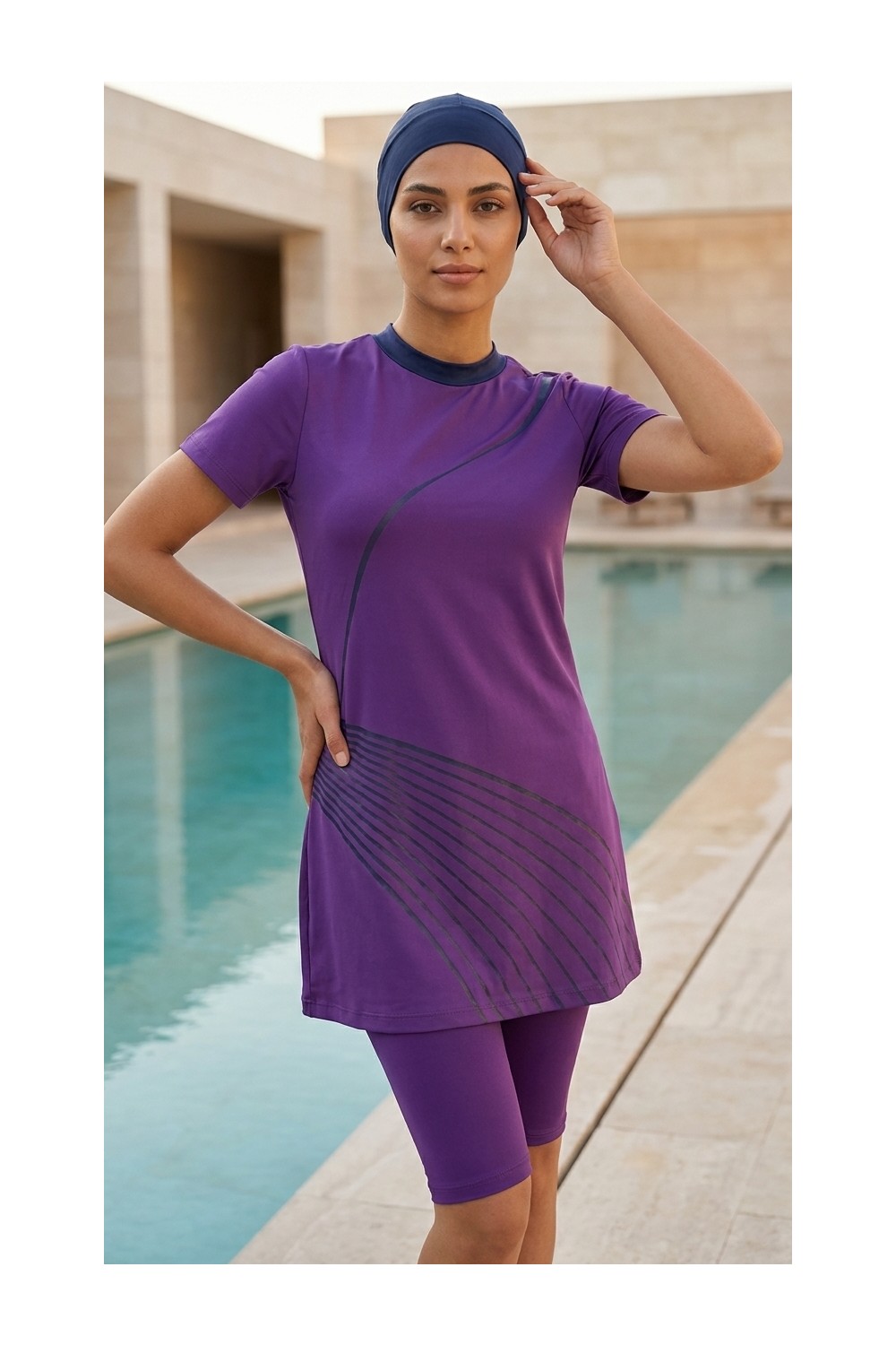 Plistre 2154_Baskılı Yarı Kapalı 3'lü Tesettür Mayo %100 Polyester Lacivert Renkli Desenli görsel 7