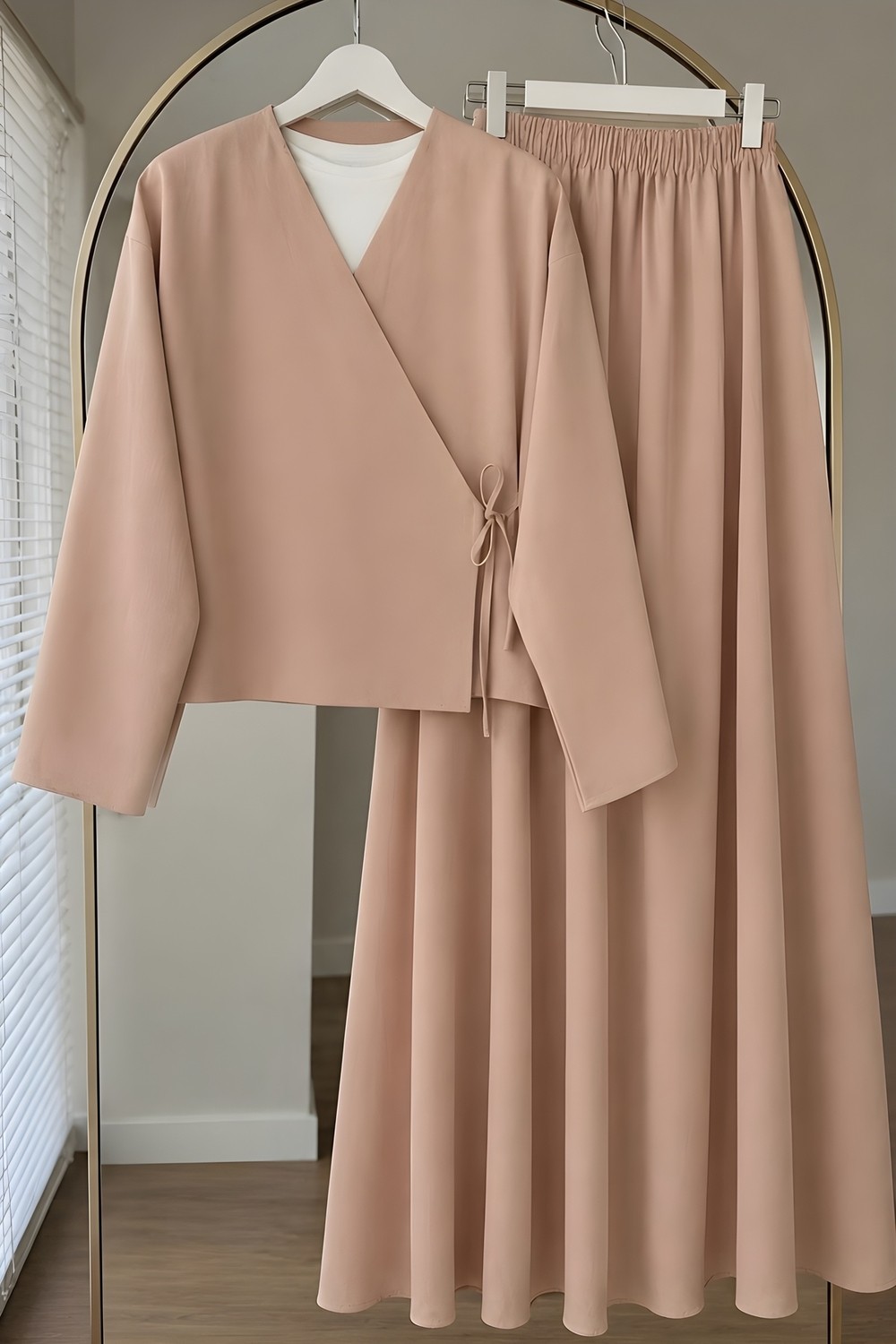 İmaj Butik Kahverengi Yandan Bağlamalı Dabıl Kimono Etekli Takım görsel 3