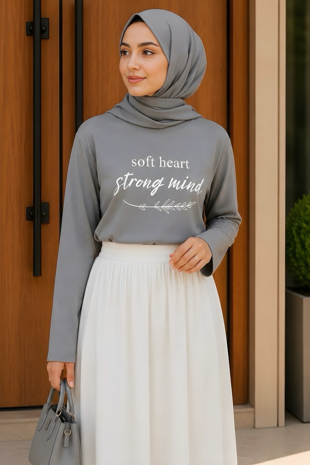 İmaj Butik Gri Bisiklet Yaka Baskılı Penye Body