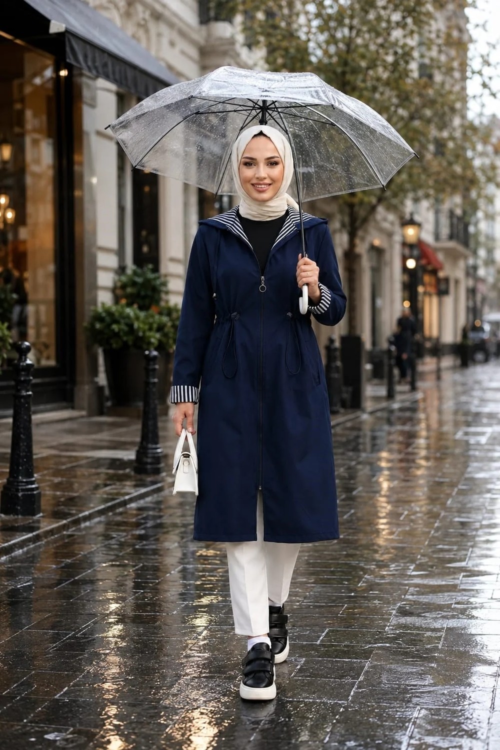 Harma Time Butik Kadın Kapüşonlu Fermuarlı Ara Boy Bondit Kumaş Siyah Trenç görsel 7