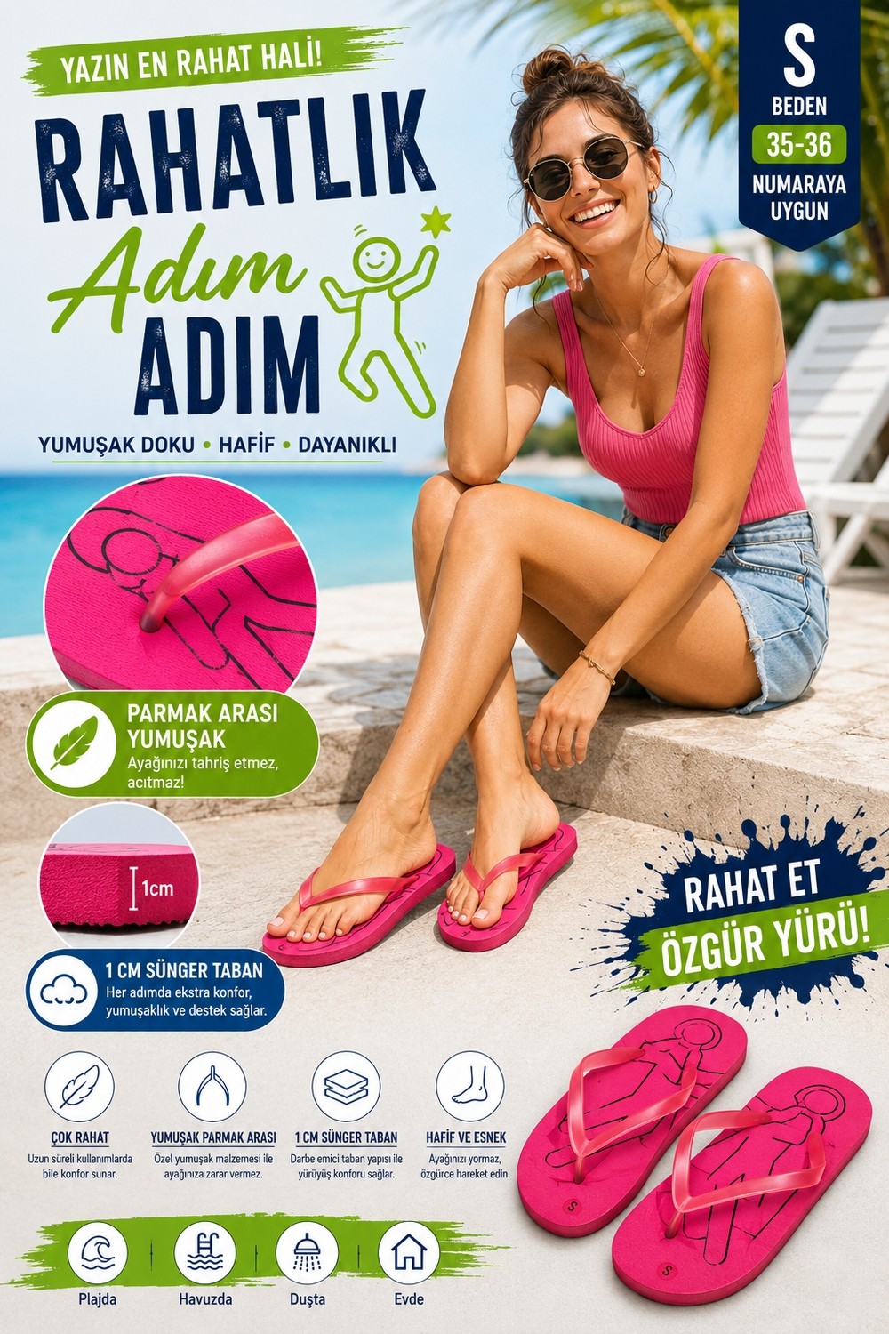 Pazariz Basic Parmak Arası Terlik Unisex Kadın Erkek Çocuk Eva Plaj Terliği Flip Flop Yazlık Deniz Havuz Günlük Kullanım Rahat Yumuşak Taban Acıtmaz Hafif Kaymaz Terlik görsel 3
