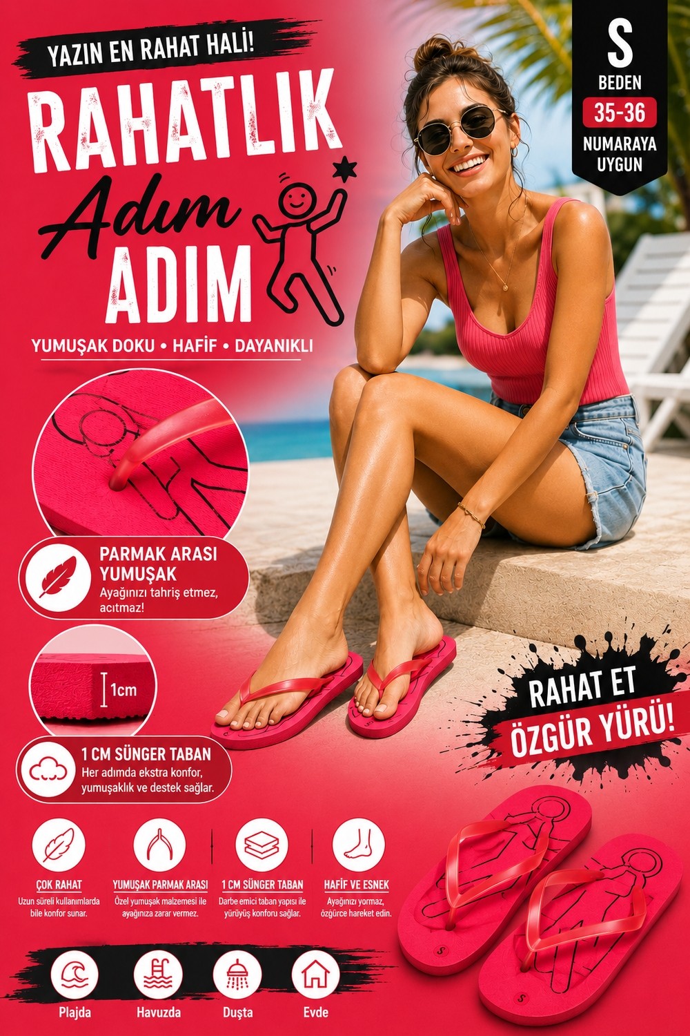Pazariz Basic Parmak Arası Terlik Unisex Kadın Erkek Çocuk Eva Plaj Terliği Flip Flop Yazlık Deniz Havuz Günlük Kullanım Rahat Yumuşak Taban Acıtmaz Hafif Kaymaz Terlik görsel 4