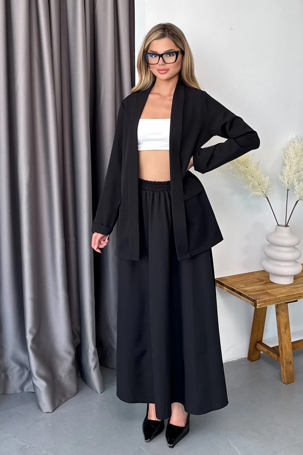 Giysa Kadın Şal Yaka Duble Kol Blazer Ceket Siyah - 26Y T301