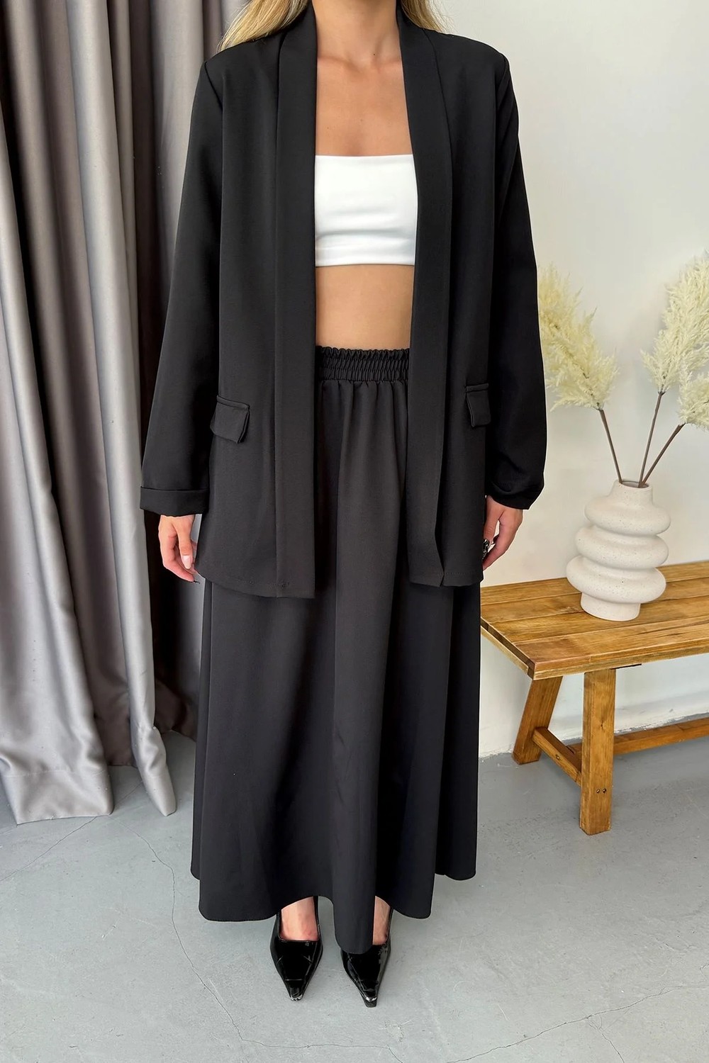 Giysa Kadın Şal Yaka Duble Kol Blazer Ceket Siyah - 26Y T301 görsel 2