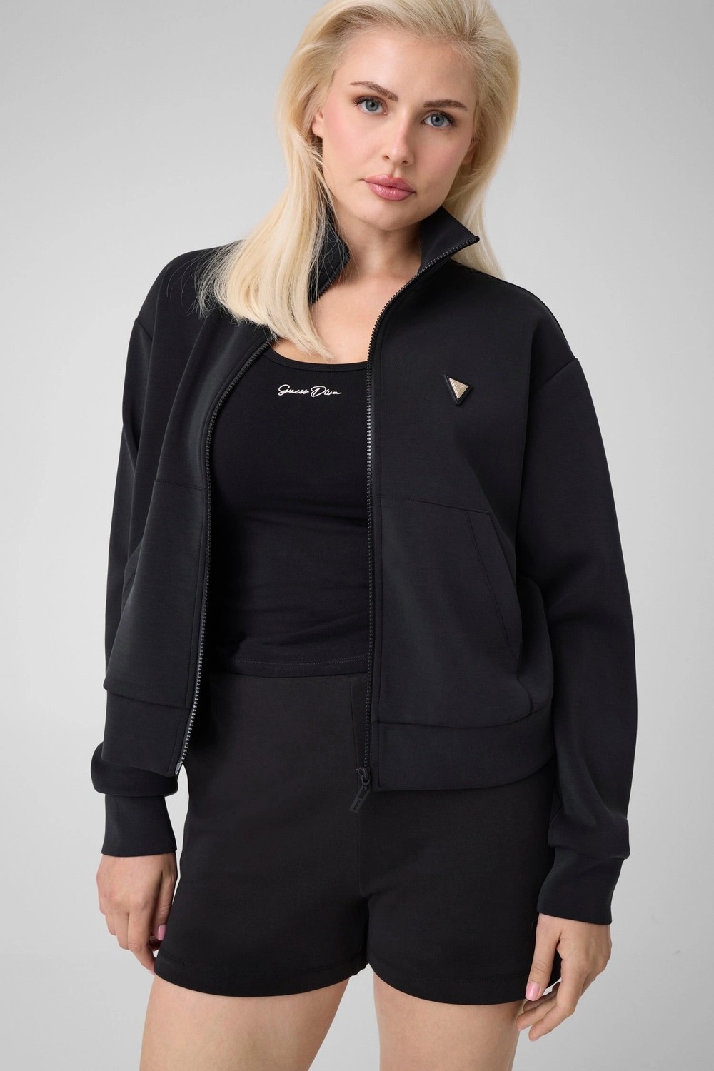 Guess Olympe Kadın Aktif Scuba Sweatshirt Dokuma Kumaşlı Siyah Sezonluk Tasarım