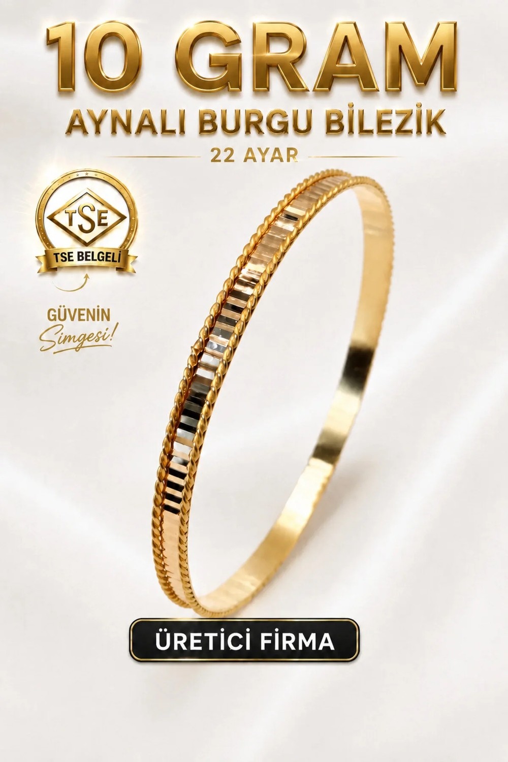 Aks Gold 22 Ayar Tse Belgeli (10 Gram) Aynalı Burgu Ajda Bilezik Gold Altın Bilezik Düğün Nişan
