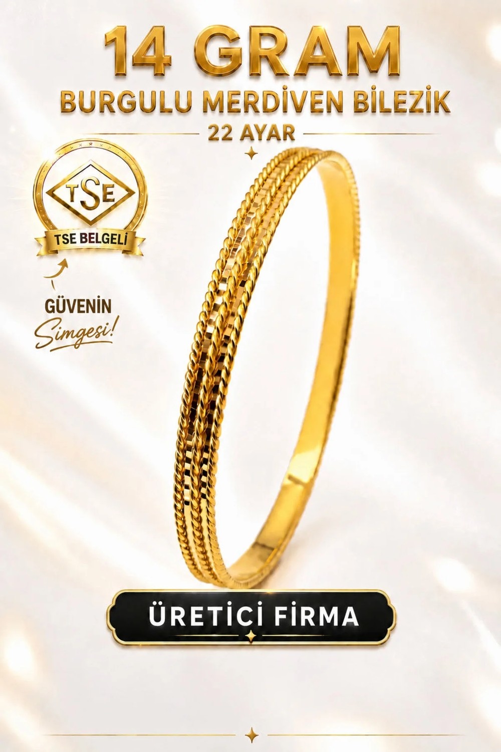 Aks Gold 22 Ayar Tse Belgeli 14 Gram Burgulu Merdiven Ajda Altın Bilezik Gold Bilezik Düğün Nişan