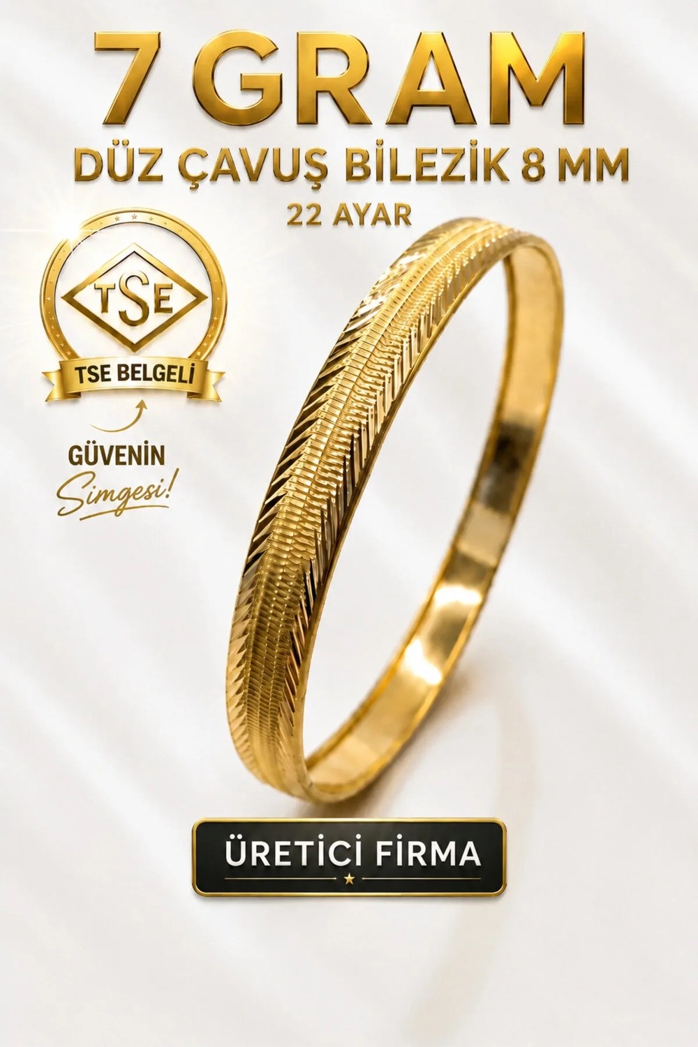 Aks Gold 22 Ayar Tse Belgeli (7 Gram) Düz Şarnel Çavuş Ajda Bilezik 8 mm Gold Altın Bilezik Düğün Nişan