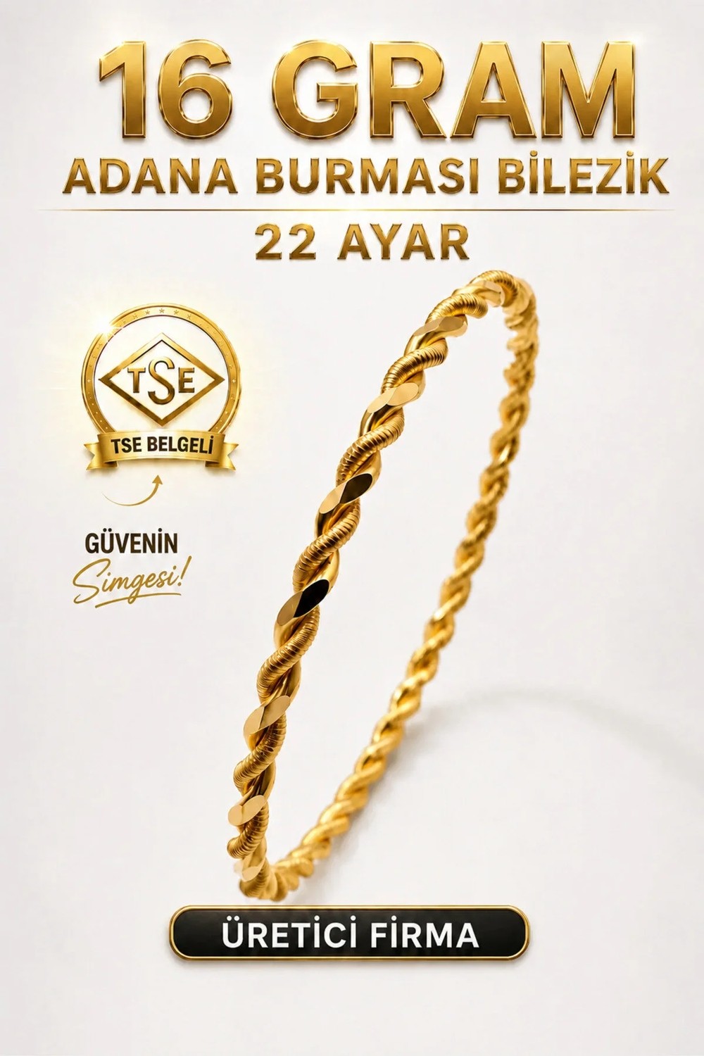 Aks Gold 22 Ayar Tse Belgeli 16 Gram Adana Burması Bilezik Altın Gold Bilezik Düğün Nişan