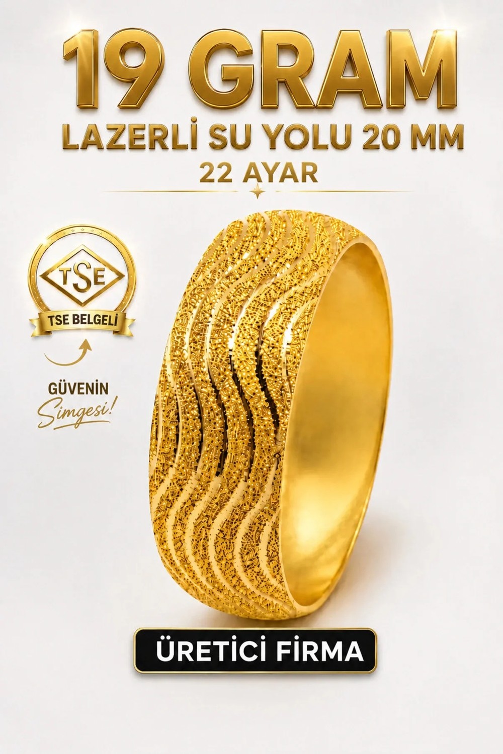 Aks Gold 22 Ayar Tse Belgeli (19 Gram) Lazerli Su Yolu Mega Altın Bilezik 20 mm Ajda Gold Düğün Nişan