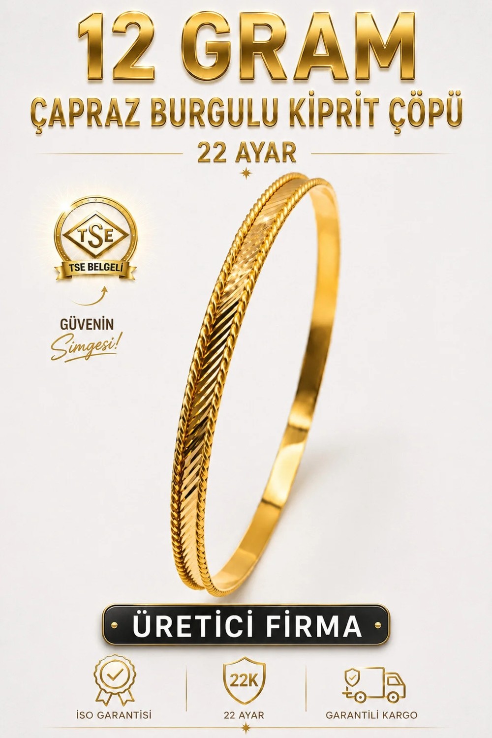 Aks Gold 22 Ayar Tse Belgeli (12 Gram) Çapraz Burgulu Kiprit Çöpü Ajda Altın Bilezik Gold Düğün Nişan