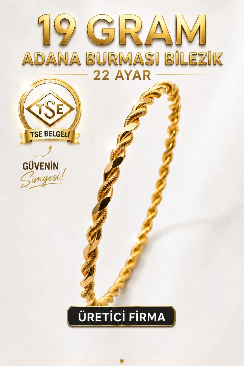 Aks Gold 22 Ayar Tse Belgeli (19 Gram) Adana Burması Bilezik Altın Gold Bilezik Düğün Nişan