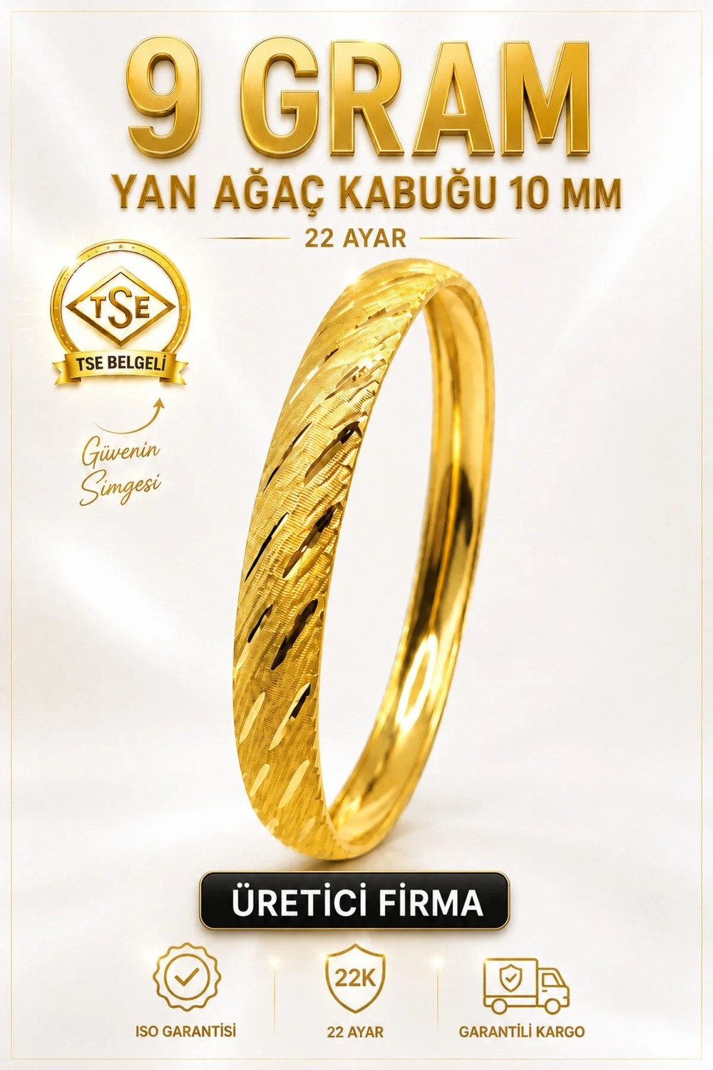Aks Gold 22 Ayar Tse Belgeli (9 Gram) Yan Ağaç Kabuğu Ajda Bilezik 10 mm Gold Altın Bilezik Düğün Nişan