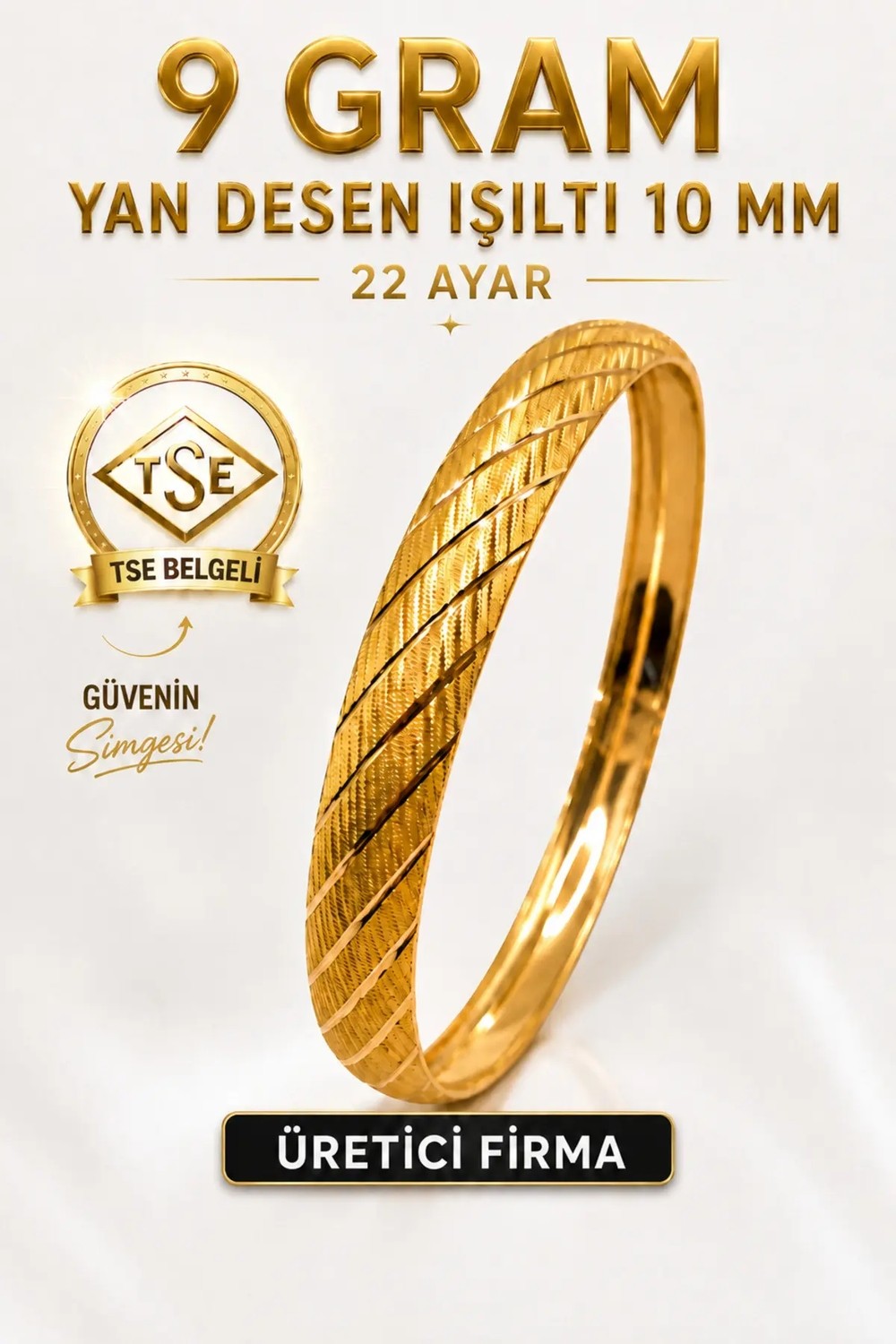 Aks Gold 22 Ayar Tse Belgeli 9 Gram Yan Desen Işıltılı Şarnel Altın Bilezik 10 mm Gold Bilezik Düğün Nişan