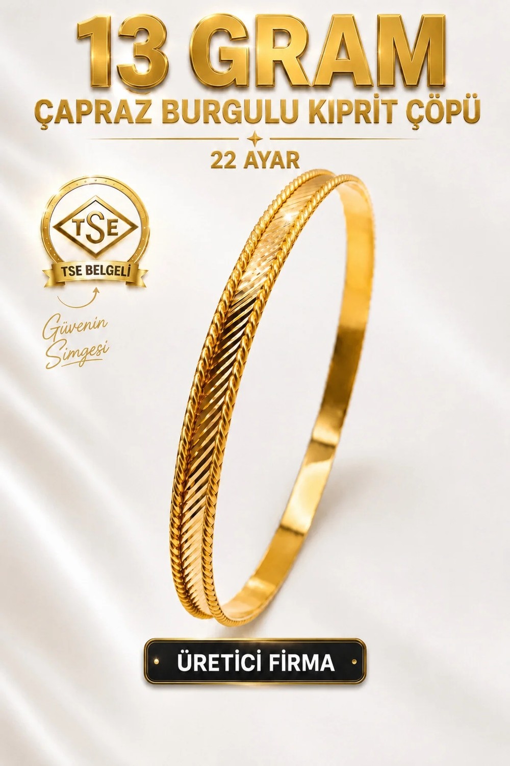Aks Gold 22 Ayar Tse Belgeli (13 Gram) Çapraz Burgulu Kiprit Çöpü Ajda Altın Bilezik Gold Düğün Nişan