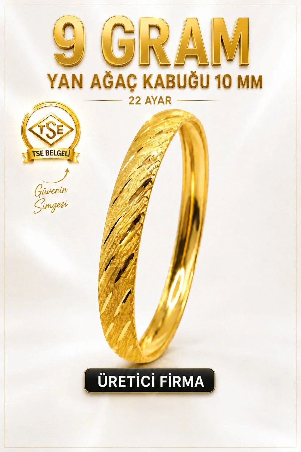 Aks Gold 22 Ayar Tse Belgeli (9 Gram) Yan Ağaç Kabuğu Ajda Bilezik 10 mm Gold Altın Bilezik Düğün Nişan