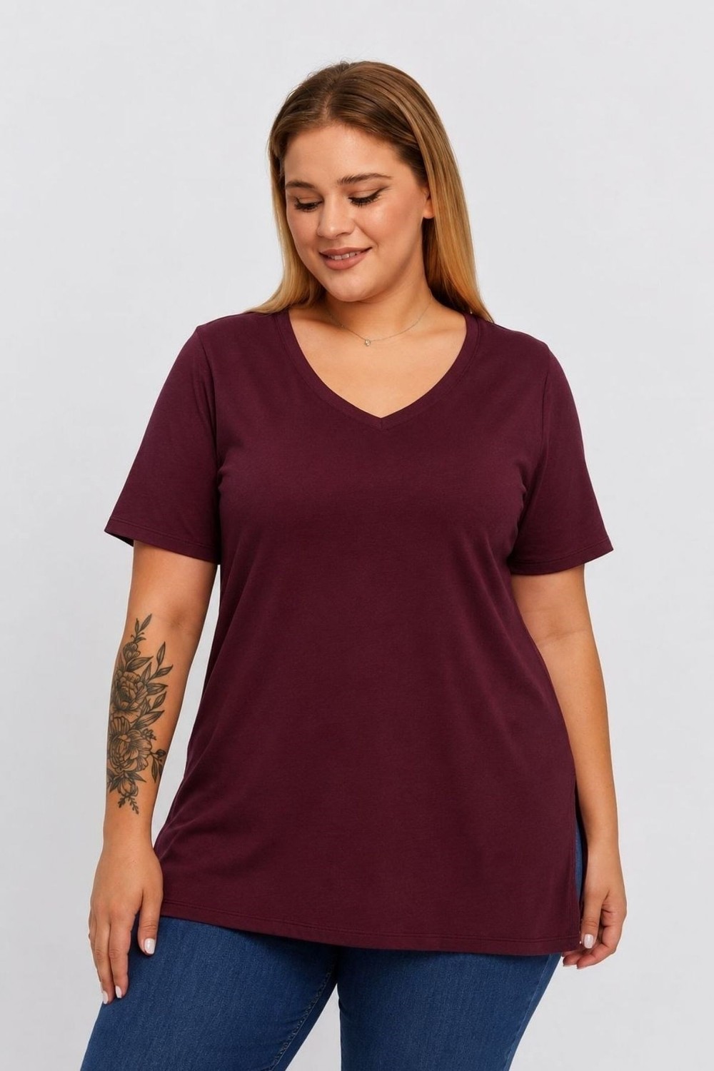 Sea Moda Büyük Beden V Yaka Yırtmaçlı Pamuk Basic Tshirt-Bordo