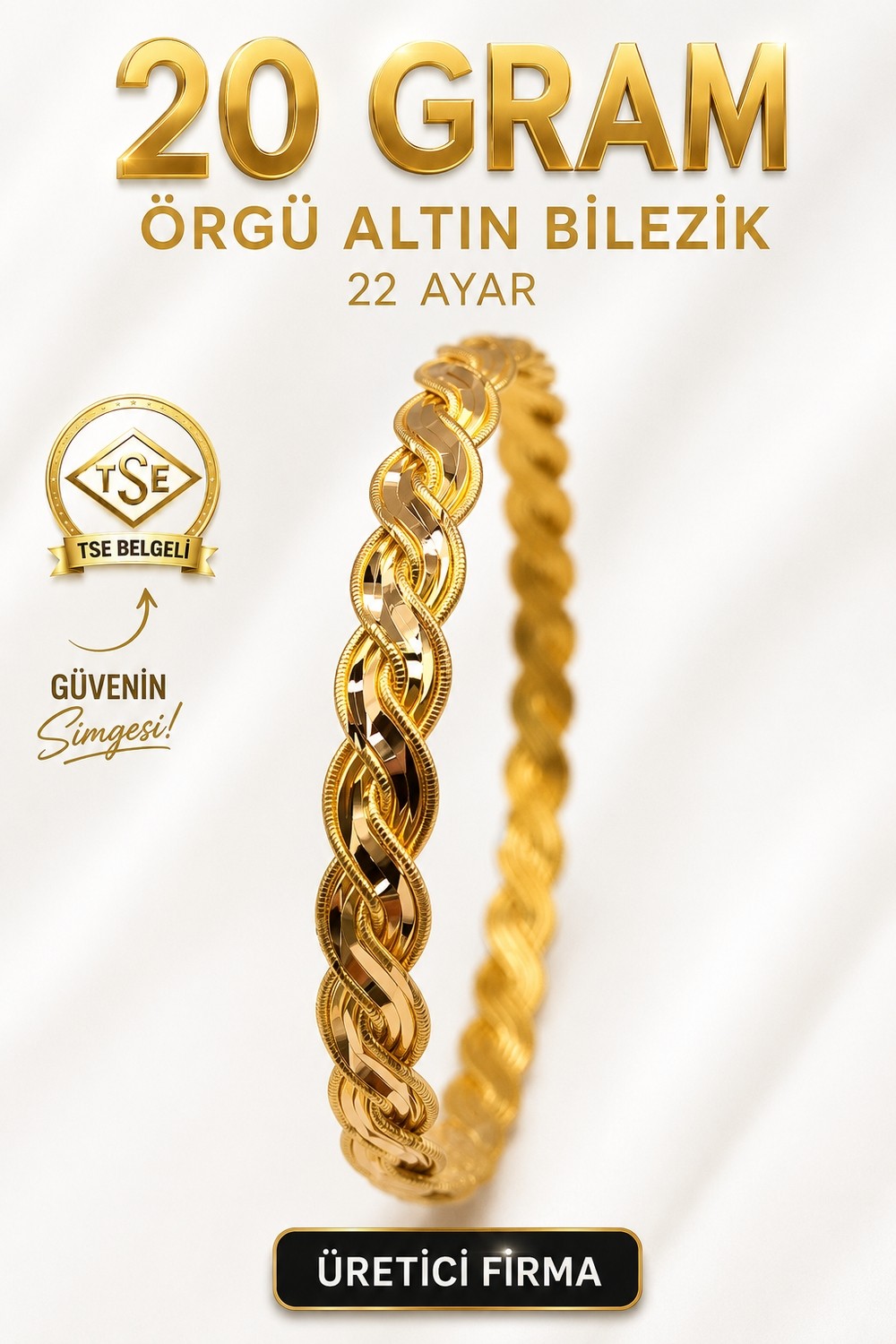 Aks Gold 22 Ayar Tse Belgeli (20 Gram) Örgü Altın Bilezik Gold Düğün Nişan