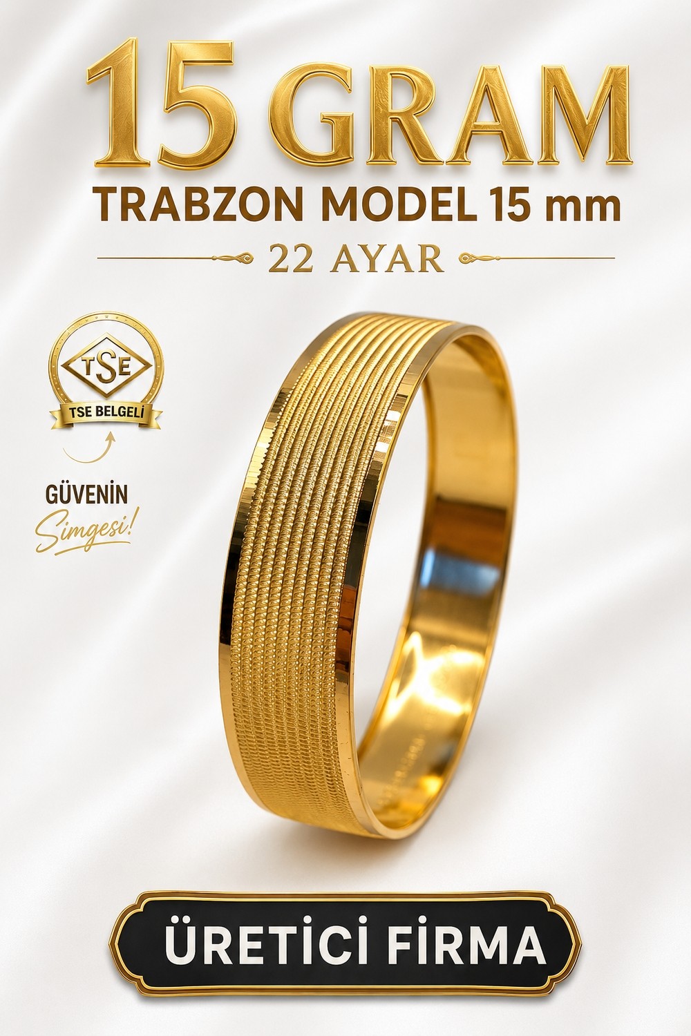 Aks Gold 22 Ayar Tse Belgeli (15 Gram) Trabzon Model Ajda Altın Bilezik Gold Düğün Nişan