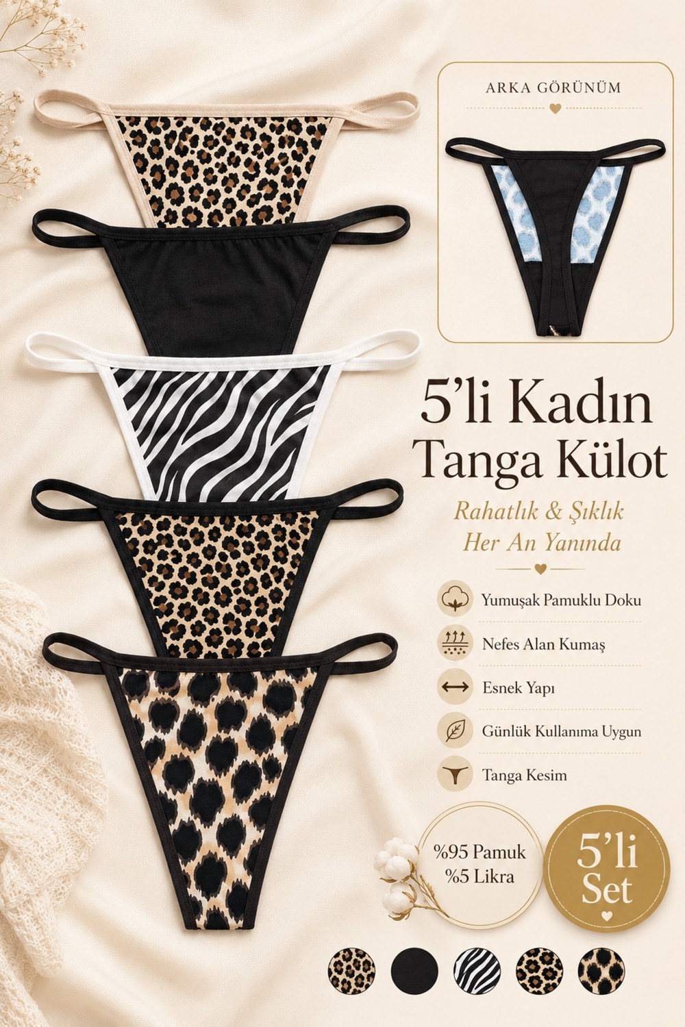 Nicoletta Kadın Külot Tanga 5 Li Paket Likralı Pamuklu Leopar