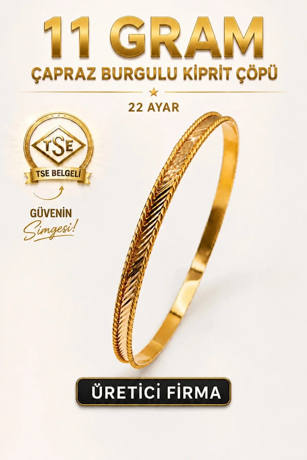 Aks Gold 22 Ayar Tse Belgeli (11 Gram) Çapraz Burgulu Kiprit Çöpü Ajda Altın Bilezik Gold Düğün Nişan