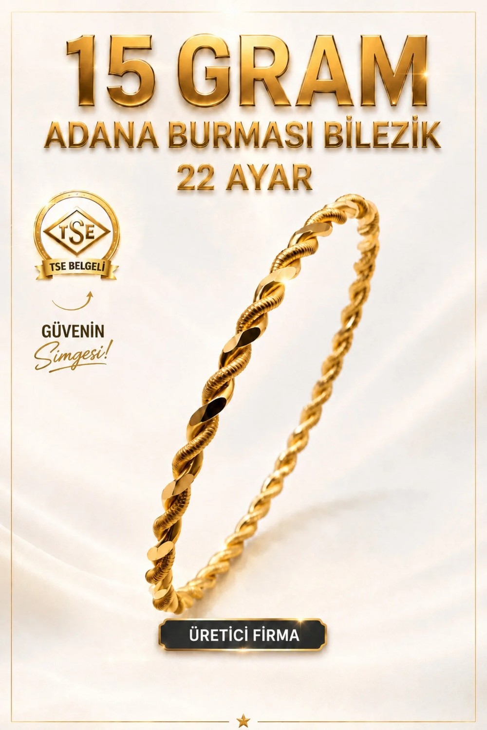 Aks Gold 22 Ayar Tse Belgeli 15 Gram Adana Burması Bilezik Altın Gold Bilezik Düğün Nişan