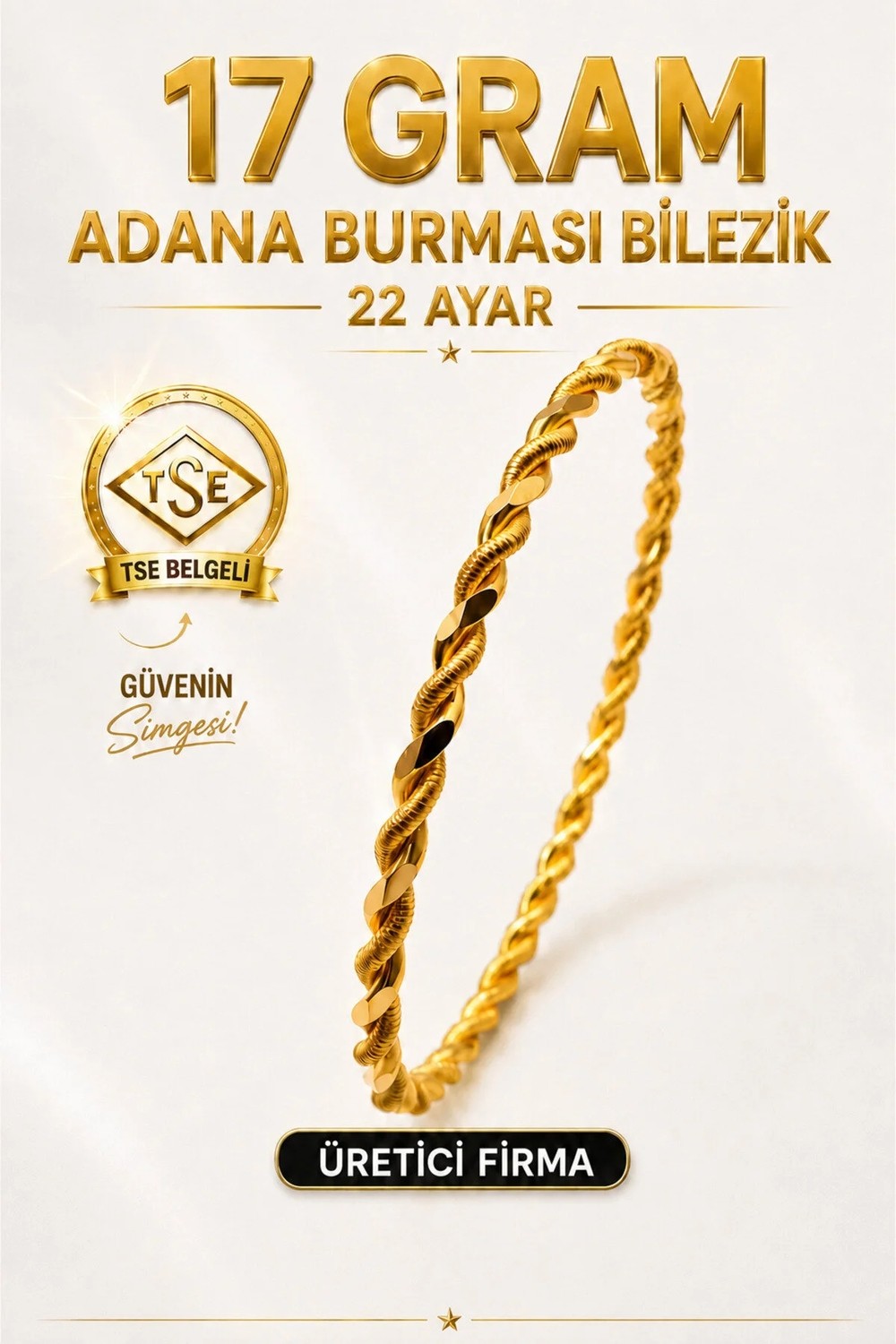 Aks Gold 22 Ayar Tse Belgeli 17 Gram Adana Burması Bilezik Altın Gold Bilezik Düğün Nişan