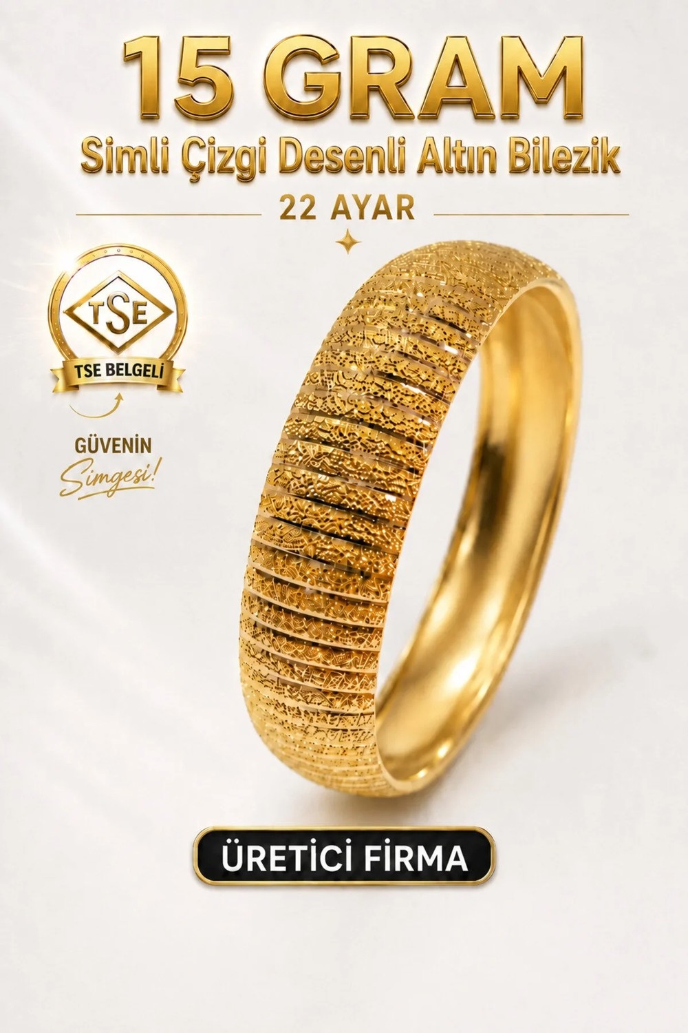 Aks Gold 22 Ayar Tse Belgeli (15 Gram) Simli Çizgi Desenli Altın Bilezik 15 mm Gold Bilezik Düğün Nişan