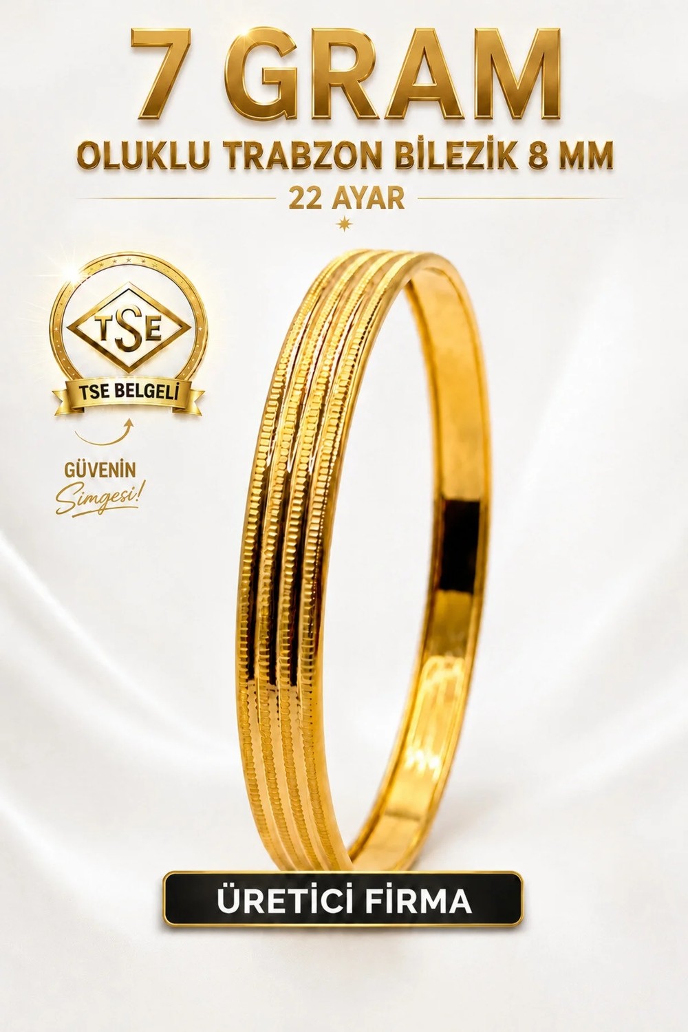 Aks Gold 22 Ayar Tse Belgeli 7 Gram Oluklu Trabzon Bilezik 8 mm Gold Altın Bilezik Düğün Nişan