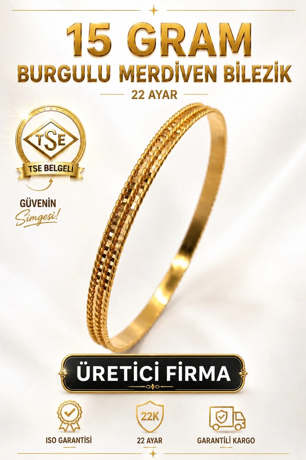 Aks Gold 22 Ayar Tse Belgeli 15 Gram Burgulu Merdiven Ajda Altın Bilezik Gold Bilezik Düğün Nişan