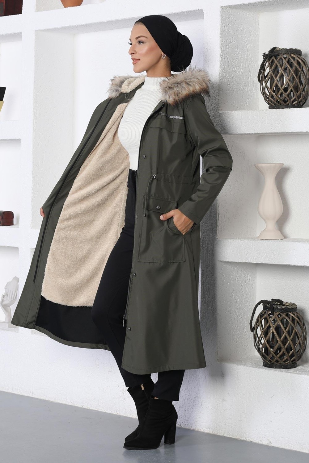 Missvalle Şerit Detaylı Mont Haki 10360 görsel 8