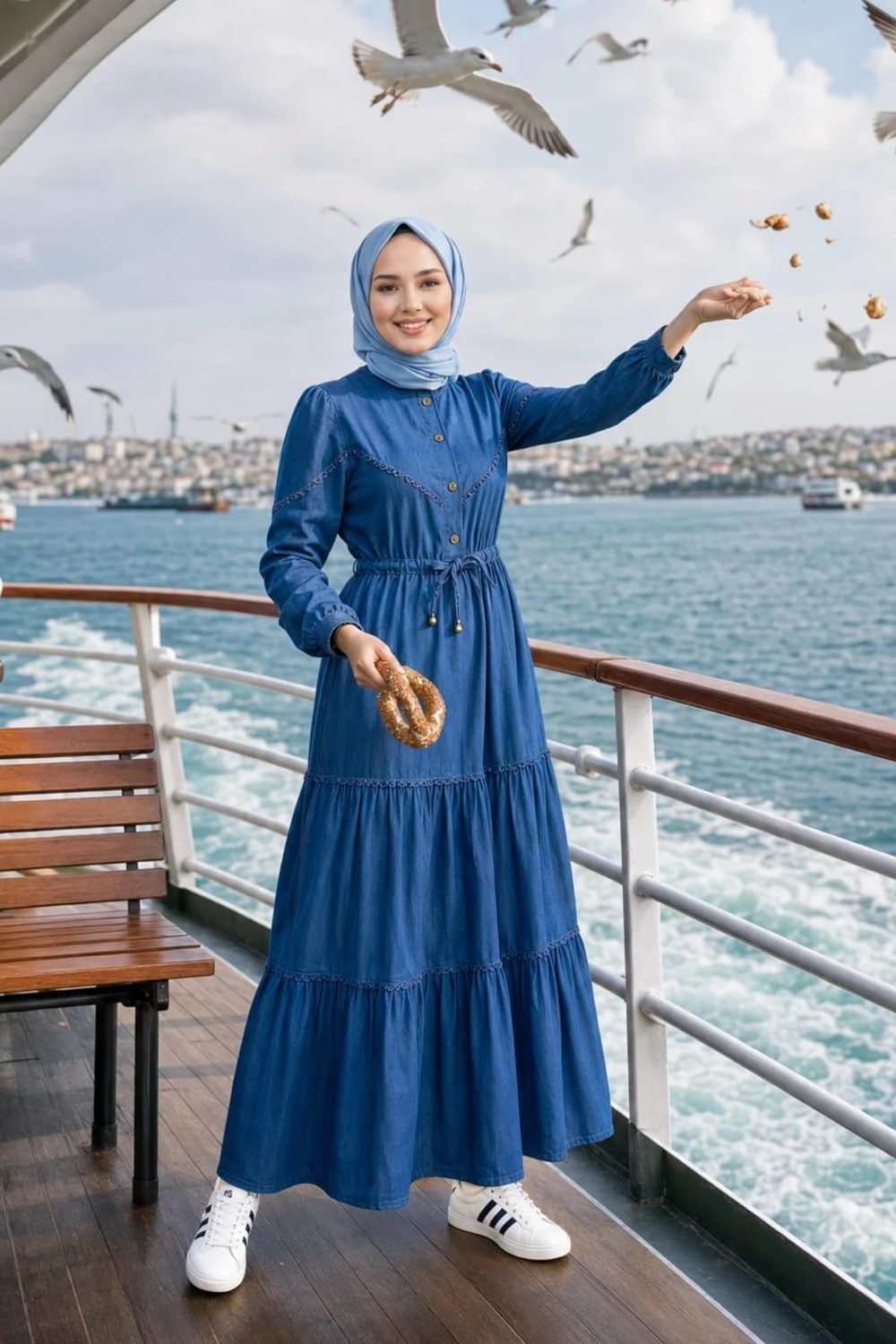 Harma Time Butik Kadın Dantel Detaylı Düğmeli ve Bağcıklı Kot Koyu Mavi Elbise görsel 2
