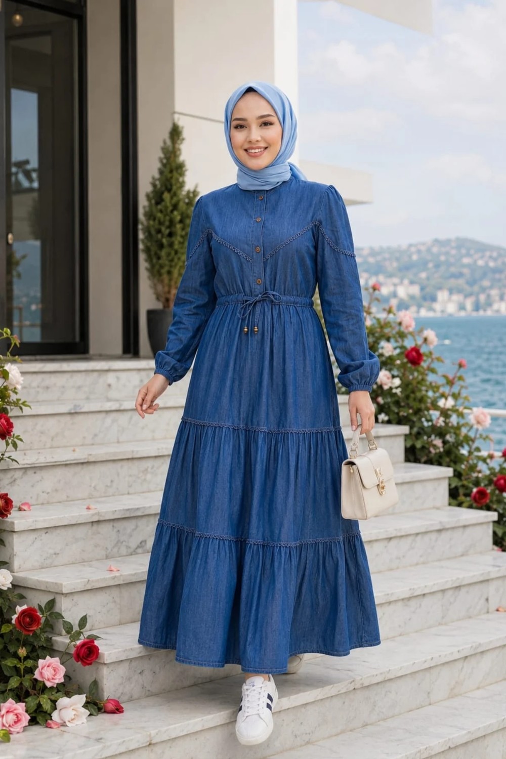 Harma Time Butik Kadın Dantel Detaylı Düğmeli ve Bağcıklı Kot Koyu Mavi Elbise görsel 5