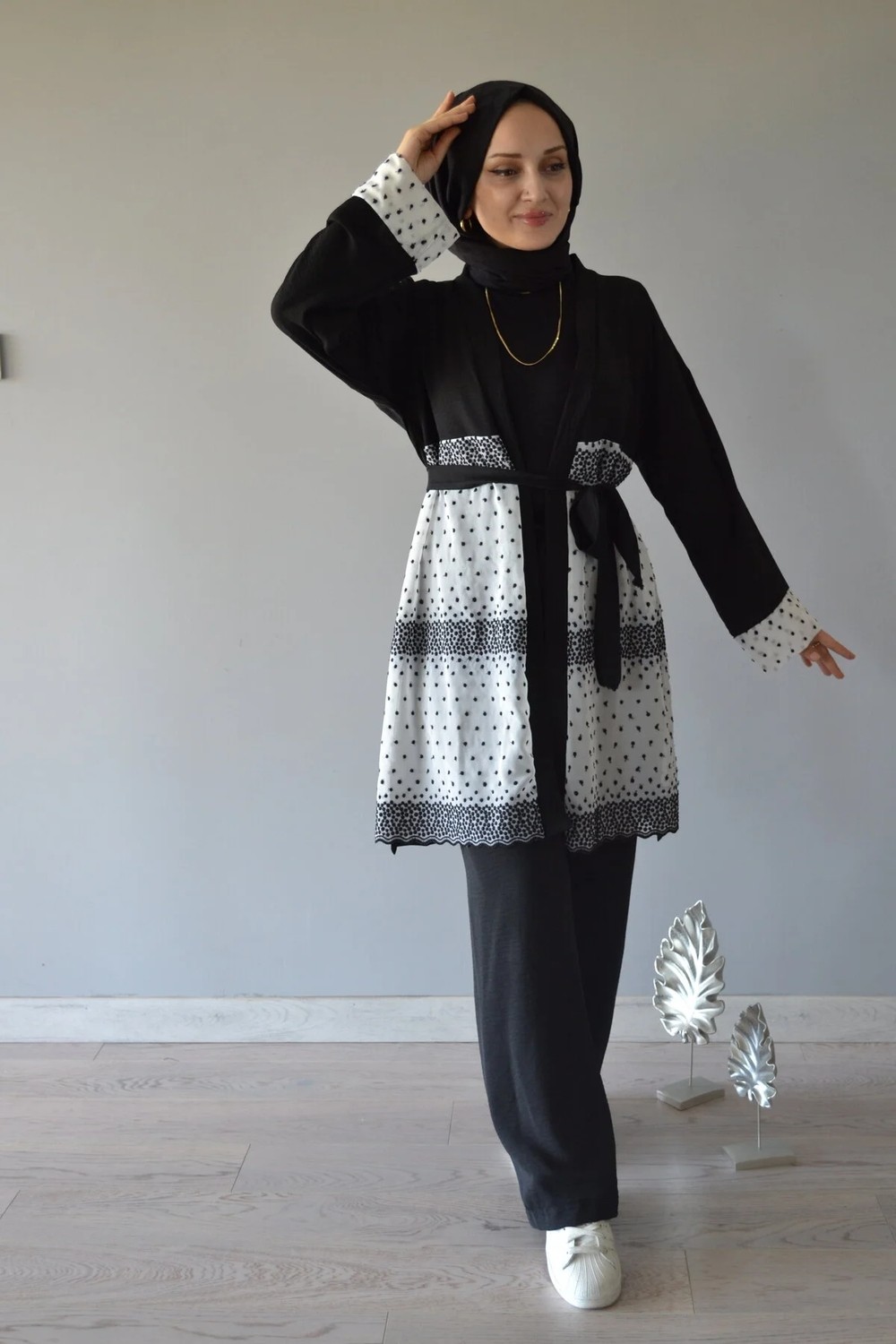 Aysun Aydemir Siyah Beyaz Dantel Detaylı 2 Li Kimono Takım