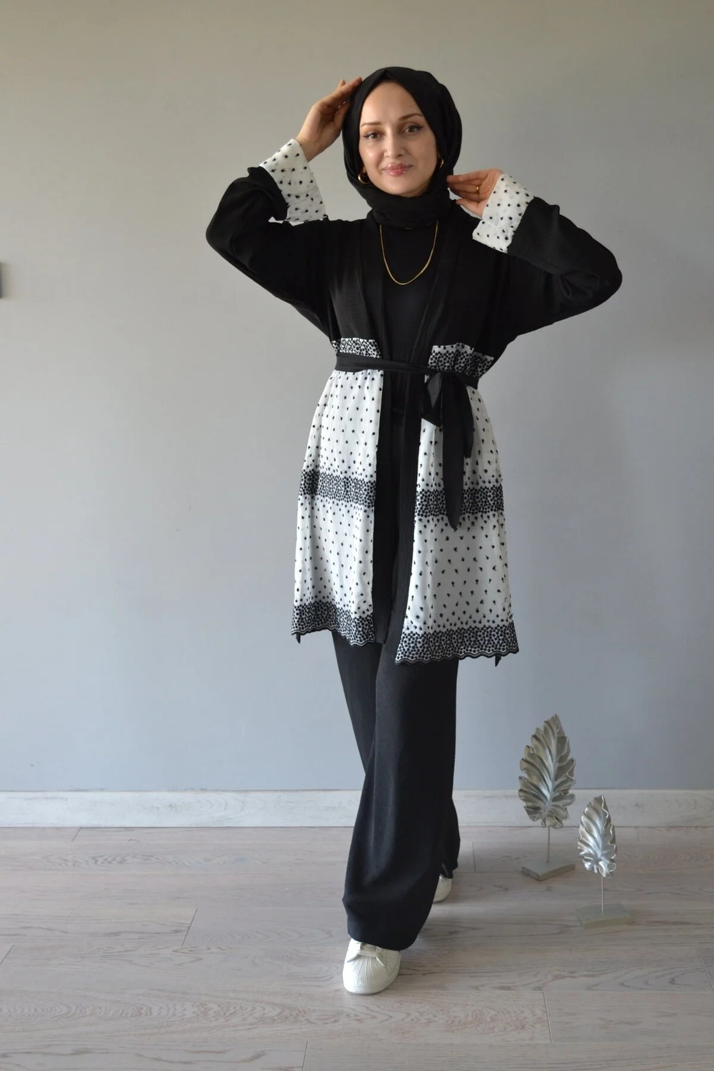 Aysun Aydemir Siyah Beyaz Dantel Detaylı 2 Li Kimono Takım görsel 2