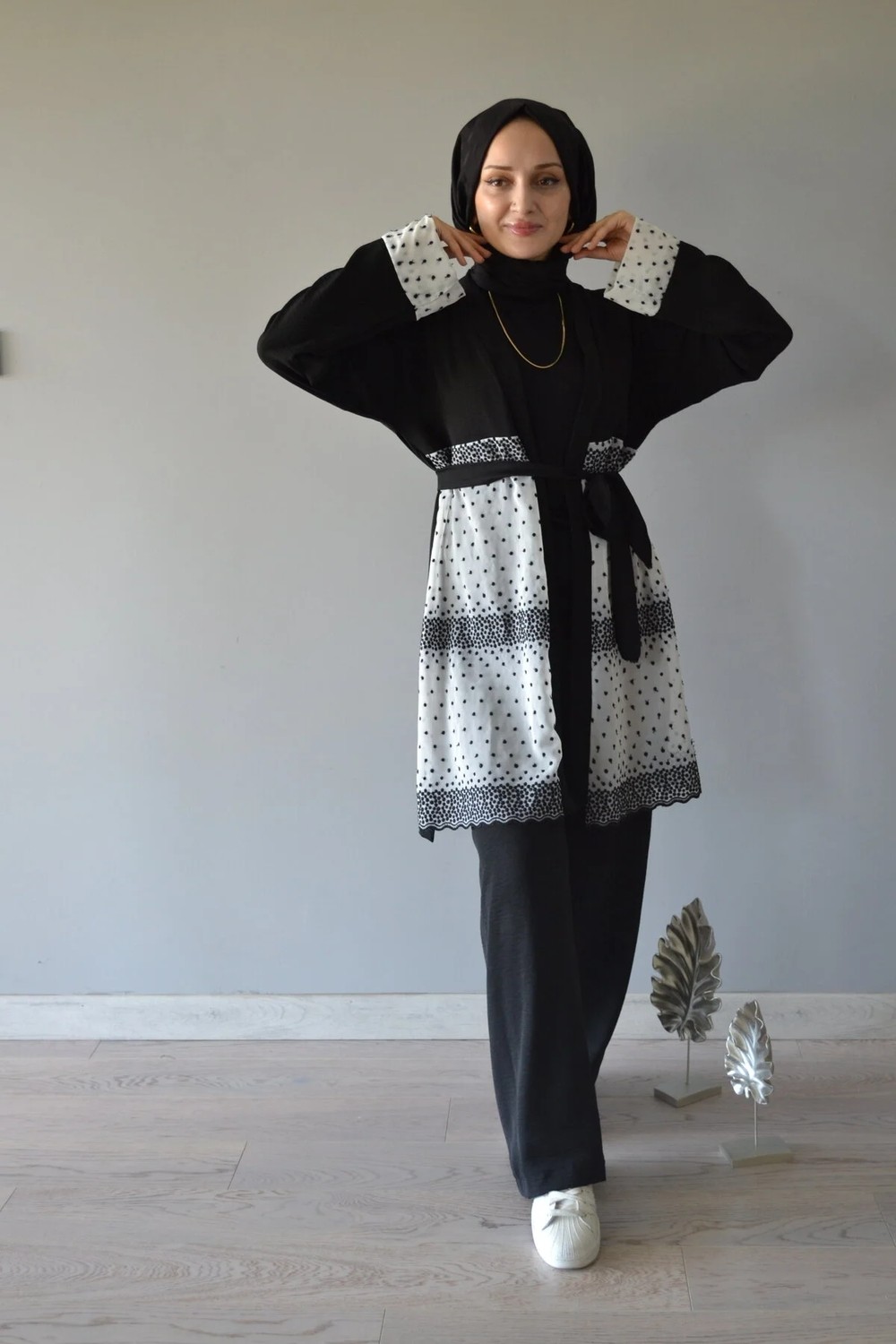 Aysun Aydemir Siyah Beyaz Dantel Detaylı 2 Li Kimono Takım görsel 3