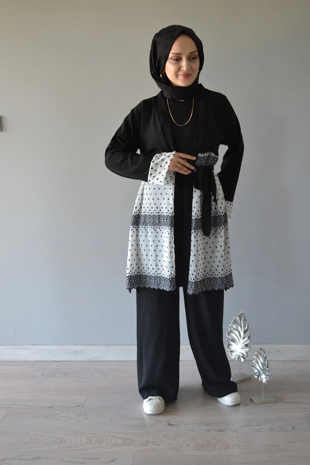 Aysun Aydemir Siyah Beyaz Dantel Detaylı 2 Li Kimono Takım görsel 4