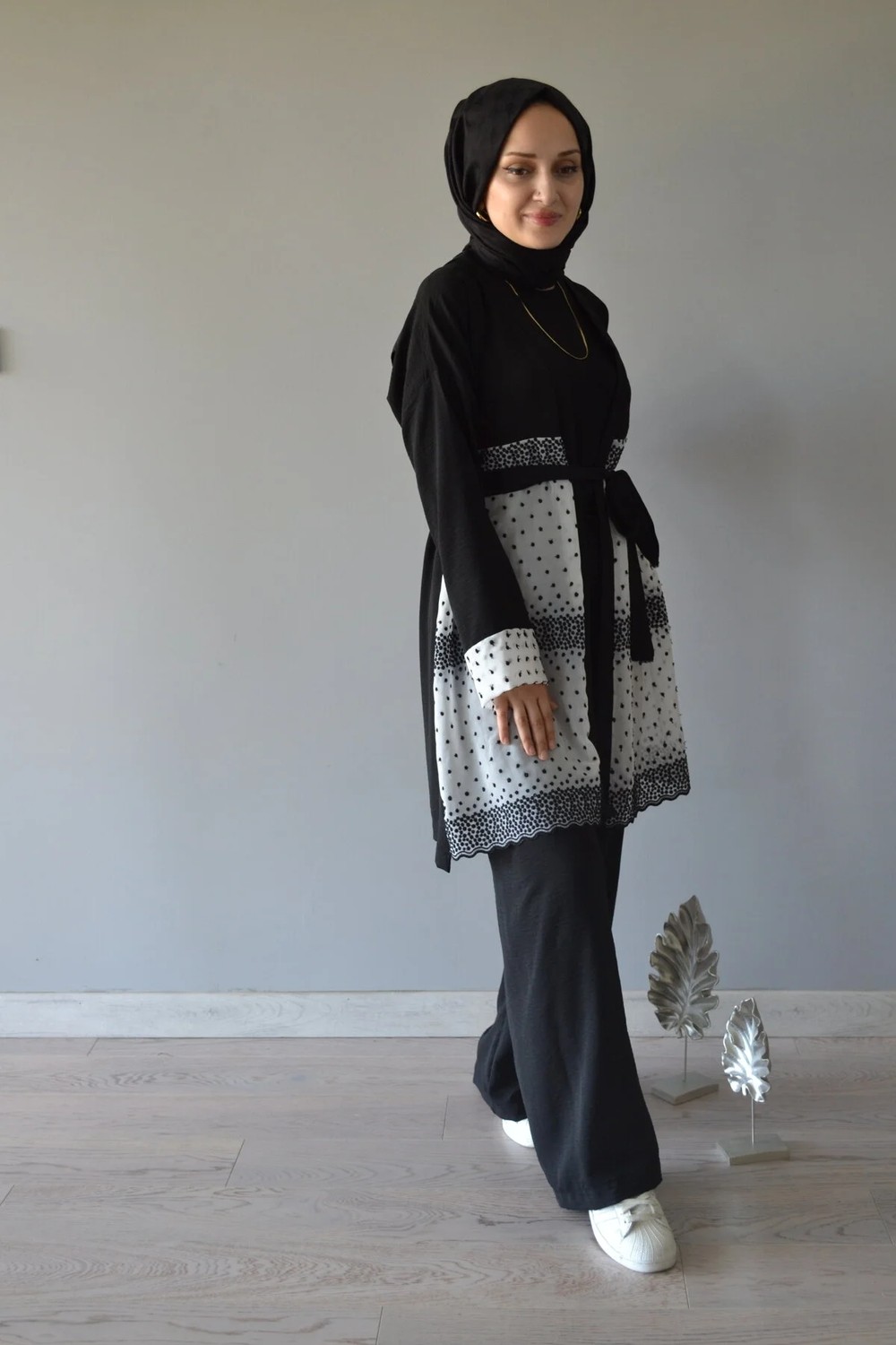 Aysun Aydemir Siyah Beyaz Dantel Detaylı 2 Li Kimono Takım görsel 6