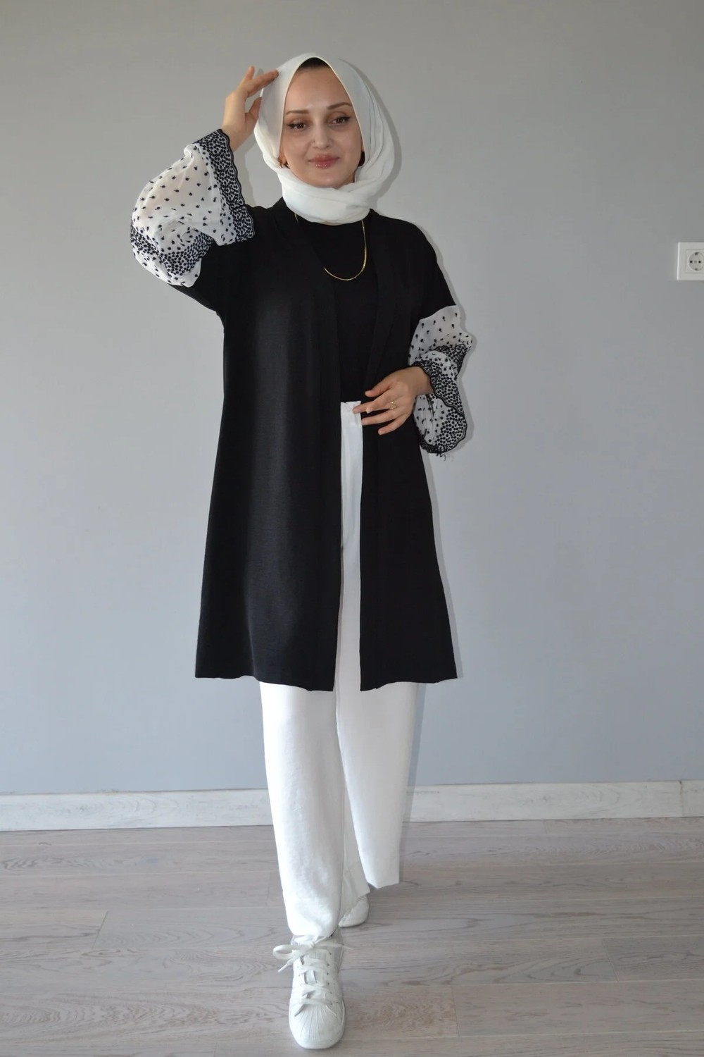 Aysun Aydemir Siyah Dantel Detaylı Üst Beyaz Pantolonlu 2 Li Kimono Takım görsel 5