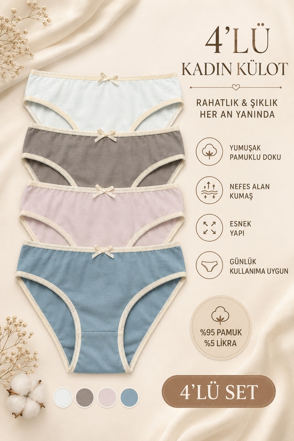Nicoletta Kadın Külot 4 Lü Paket Likralı Pamuklu görsel 2