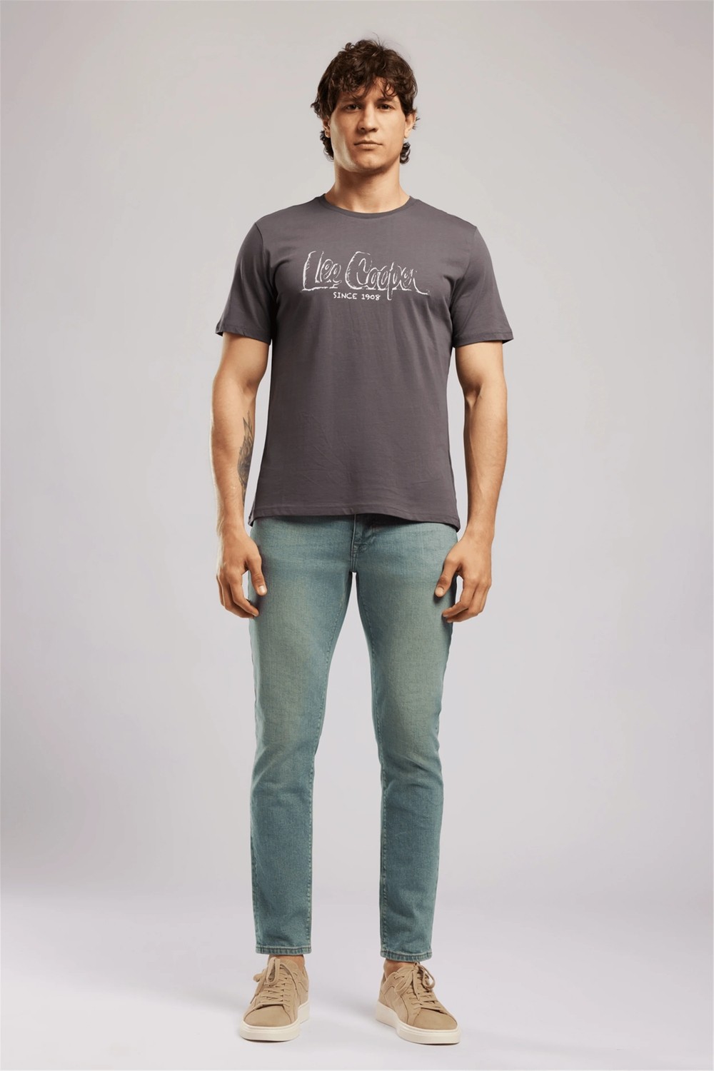 Lee Cooper DRAWOS Erkek Regular Fit %100 Pamuk Basic Bisiklet Yaka T-Shirt Gri görsel 5