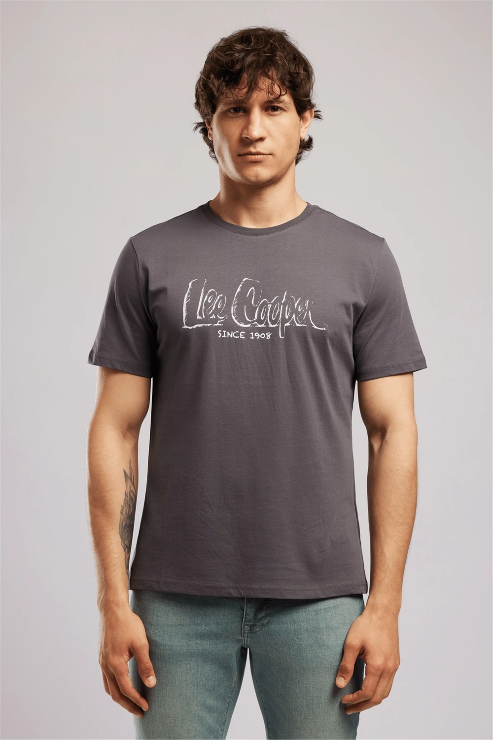 Lee Cooper DRAWOS Erkek Regular Fit %100 Pamuk Basic Bisiklet Yaka T-Shirt Gri görsel 6