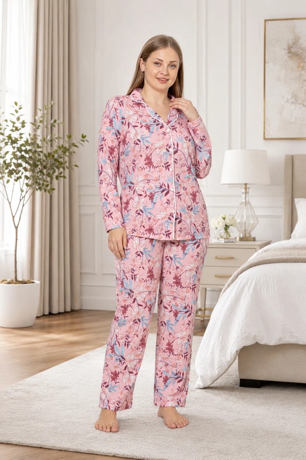 Büyük Beden Kadın Viskon Boydan Düğmeli Pijama Takımı 3xl-4xl-5xl-6xl | Yazlık Rahat Ev Giyim B79-91