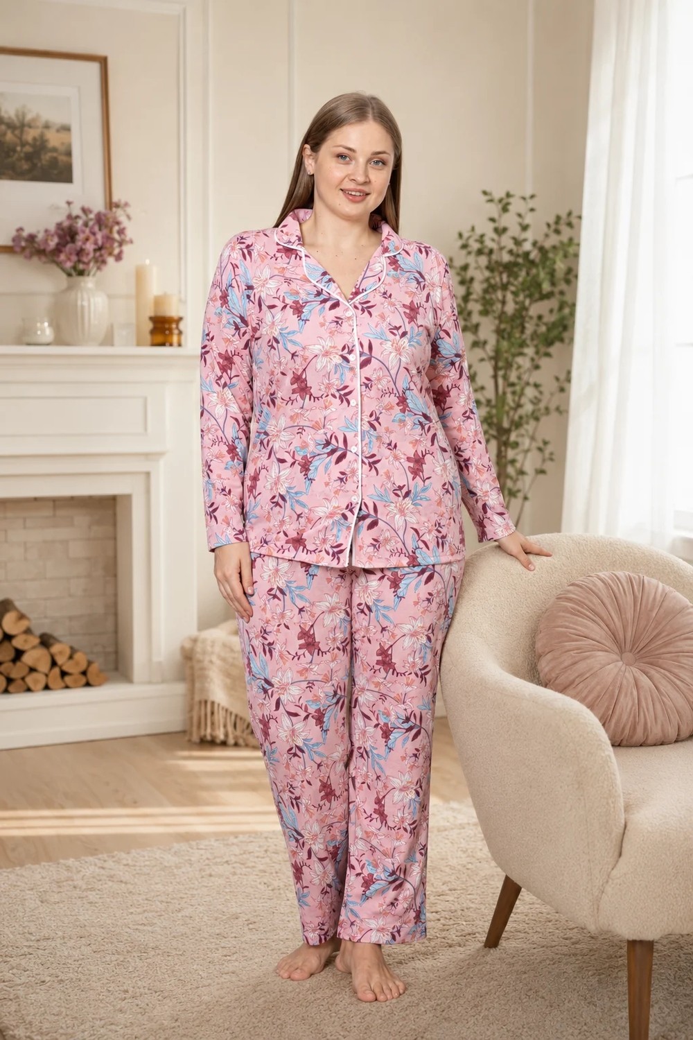 Büyük Beden Kadın Viskon Boydan Düğmeli Pijama Takımı 3xl-4xl-5xl-6xl | Yazlık Rahat Ev Giyim B79-91 görsel 2