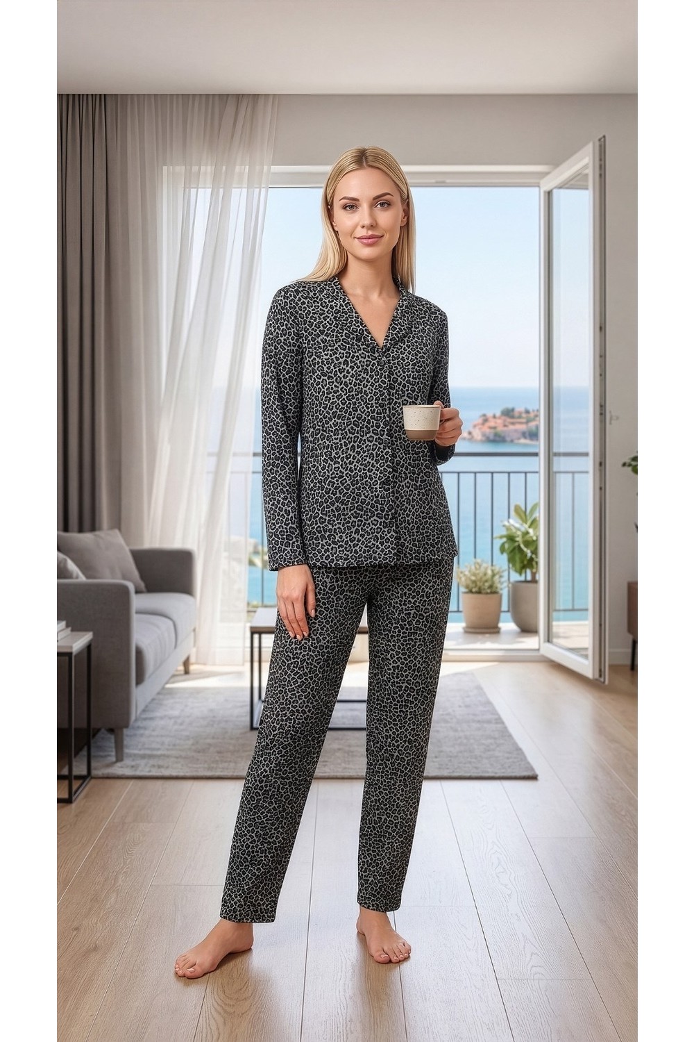 Kadın Viskon Leopar Desenli Boydan Düğmeli Pijama Takımı | Çok Satan Şık ve Zarif Model 79-140 görsel 3