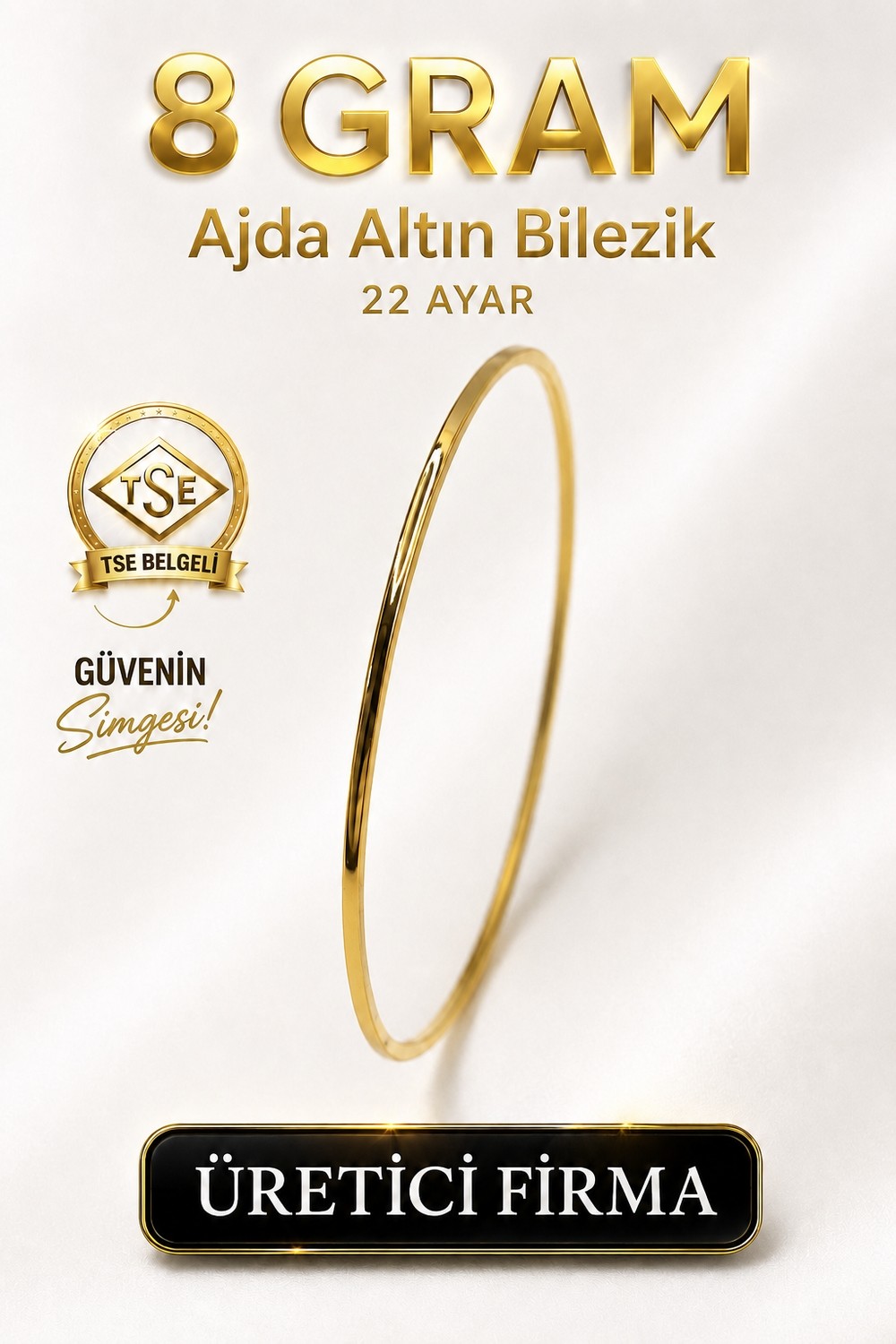 Aks Gold 22 Ayar TSE Belgeli (8 GRAM) Ajda Altın Bilezik Gold Düğün
