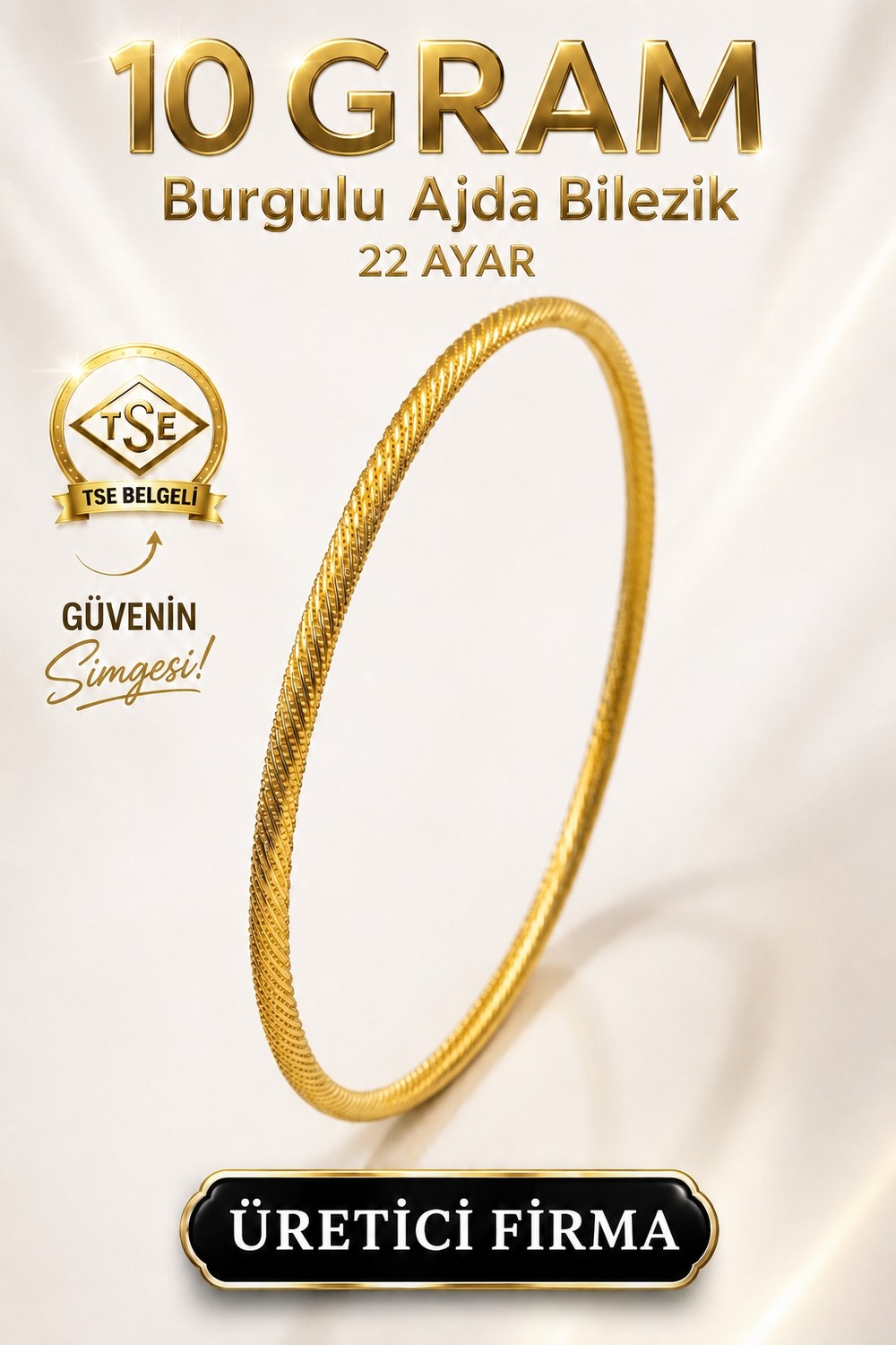 Aks Gold 22 Ayar TSE Belgeli (10 GRAM) Burgulu Ajda Altın Bilezik Gold Düğün