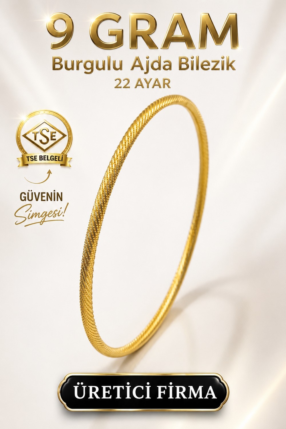 Aks Gold 22 Ayar TSE Belgeli (9 GRAM) Burgulu Ajda Altın Bilezik Gold Düğün