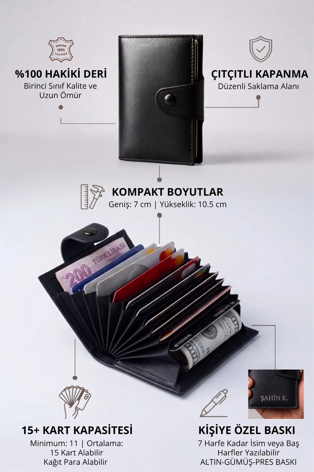 Vanilla Collection Isim Baskılı Hakiki Deri Çıtçıtlı Akordiyon Kartlık & Cüzdan & Portföy Siyah
