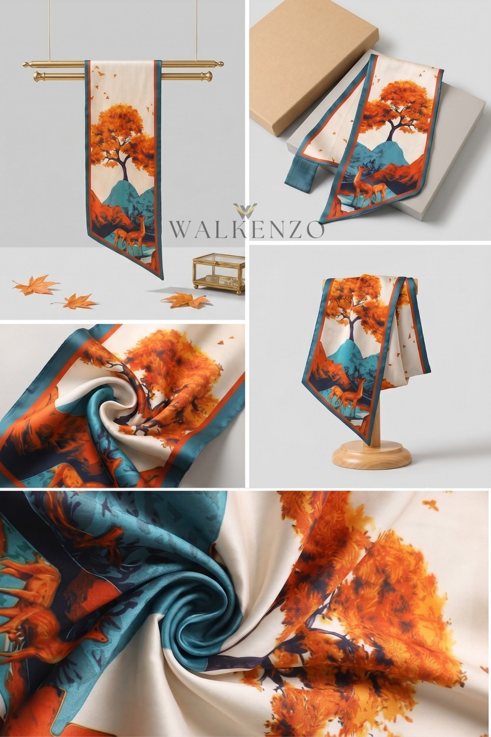 Walkenzo Siena Sonbahar ve Geyik Temalı Ipeksi Dokulu Kadın Kravat Formlu Fular, Boyun Fuları görsel 5